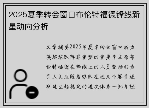 2025夏季转会窗口布伦特福德锋线新星动向分析