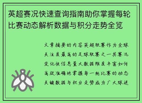 英超赛况快速查询指南助你掌握每轮比赛动态解析数据与积分走势全览